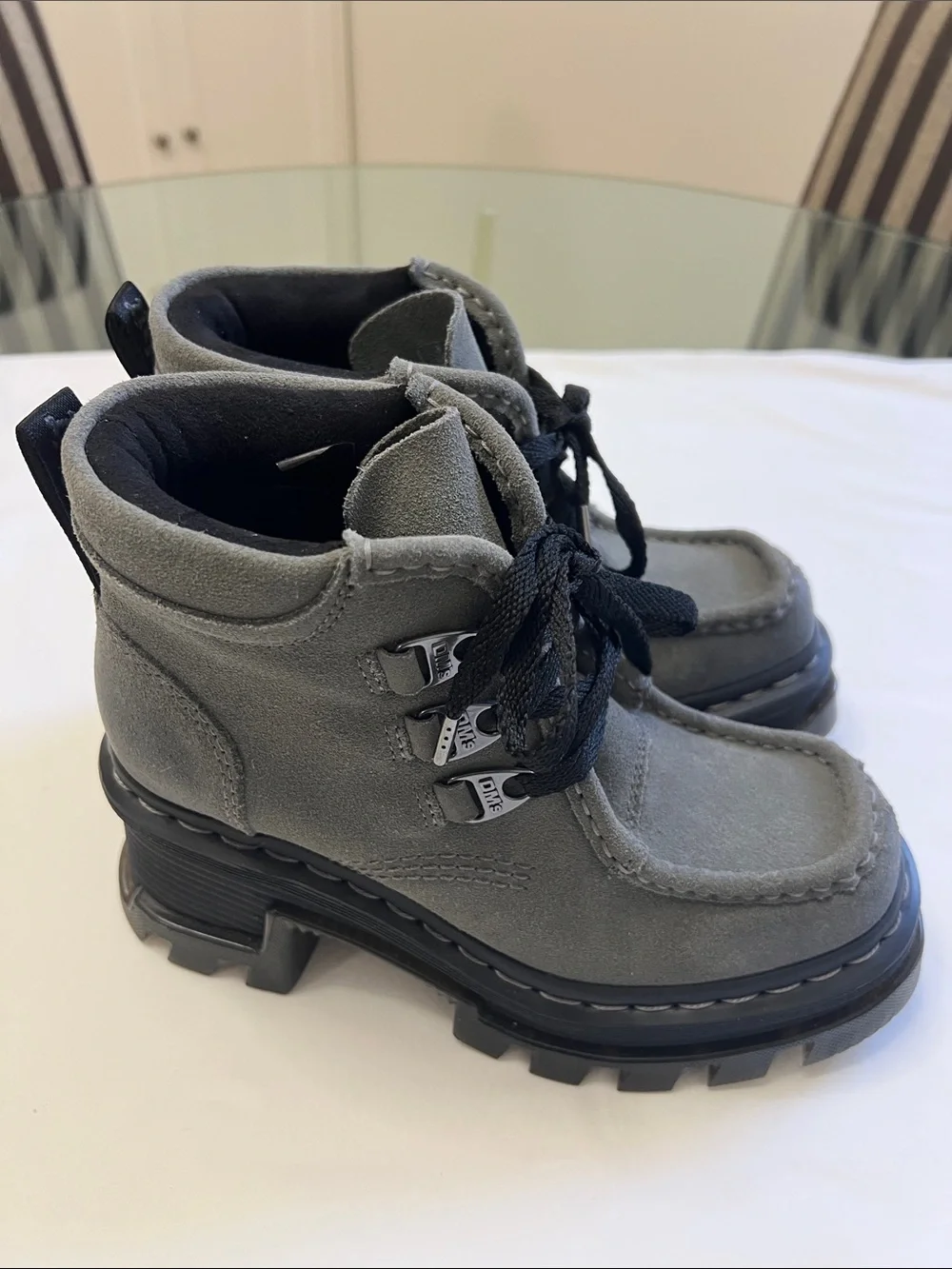 NEW Dr Martens Corran 3 Eye Waxy Suede Heeled Boots Gunmetal Grey US 5 EU 36